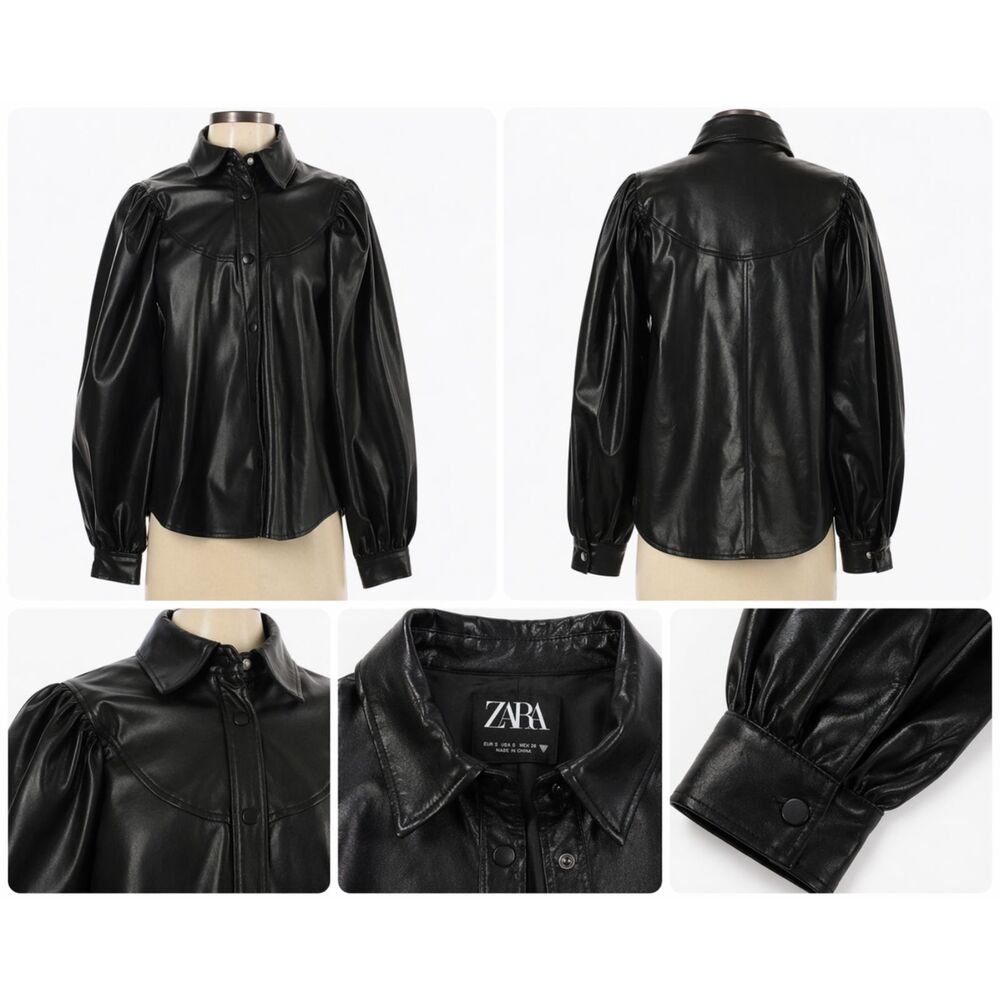 ZARA Black Faux Leather Puff Sleeve Shacket – Size Small | Statement Jacket - Picture 2 of 5